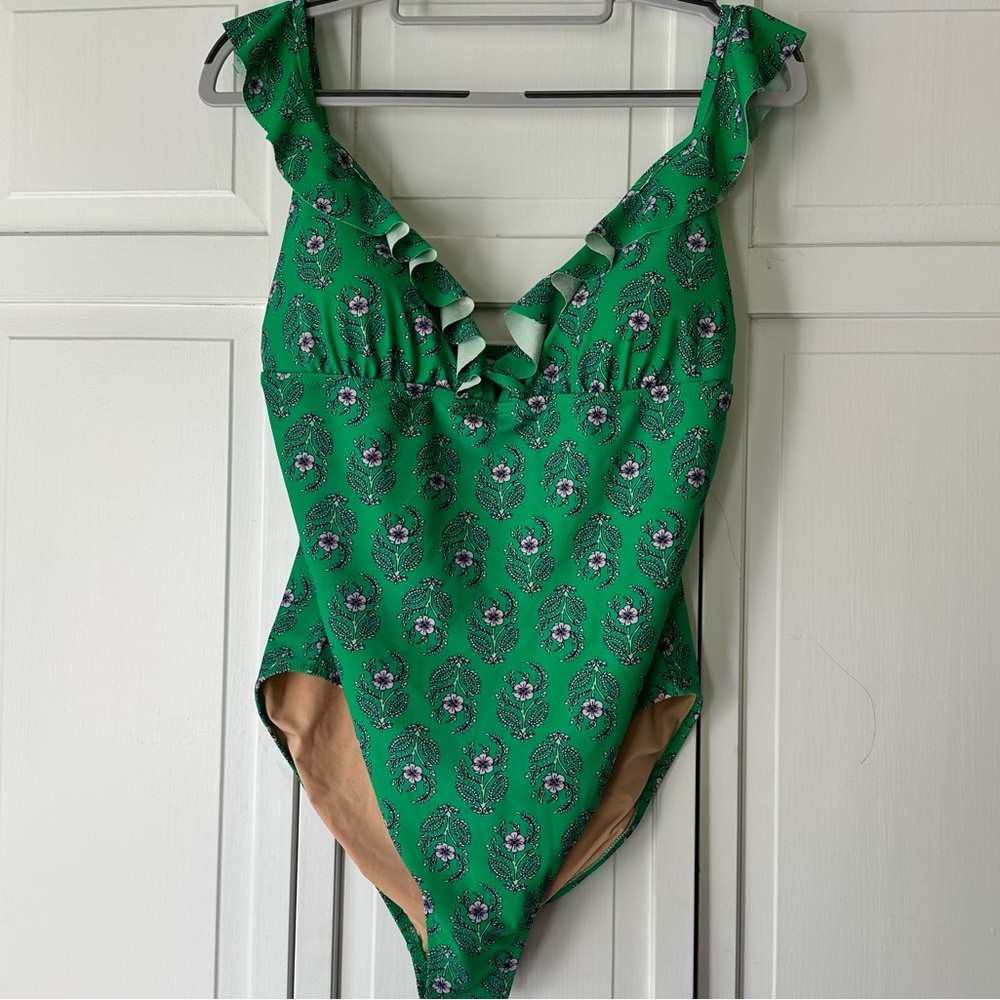 J. Crew Green Floral One-Piece Ruffle Swimsuit Size Large